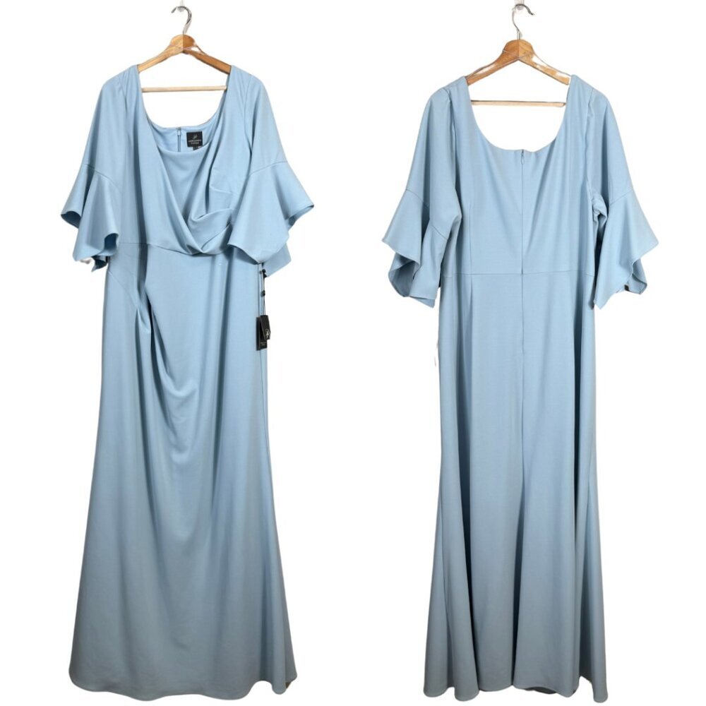 NWT Adrianna Papell V-Neck Maxi Gown Women's 20W Blue Pleated Short Sleeve Dress